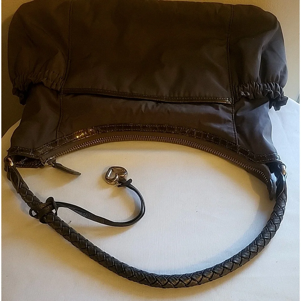 Vintage Brighton Gray Nylon Shoulder Bag Hobo Brown Leather Trim Braided Handle